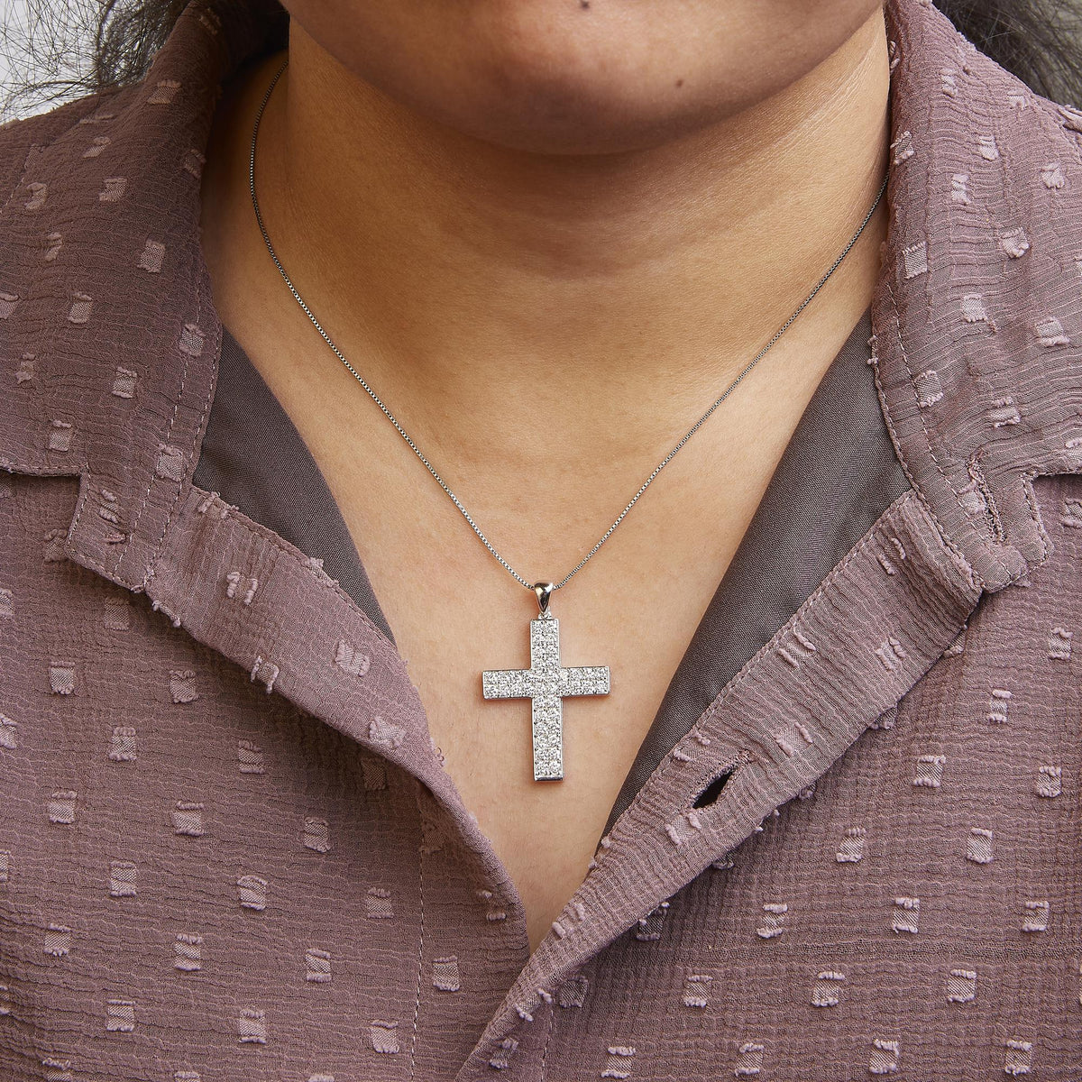 14K White Gold 2.0 Cttw Lab Grown Diamond Inlay Cross Pendant Necklace (F - G Color, VS1 - VS2 Clarity) - 18&quot; Inches - LinkagejewelrydesignLinkagejewelrydesign