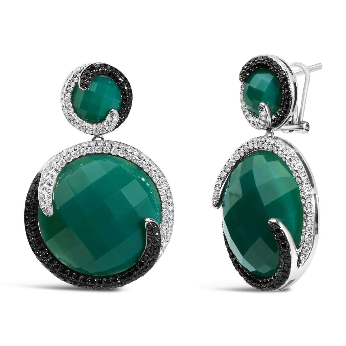 14K White Gold 2.0 Cttw White and Black Diamond and Green Agate Double Medallion Disc Drop and Dangle Earrings (H - I Color, I2 - I3 Clarity) - LinkagejewelrydesignLinkagejewelrydesign