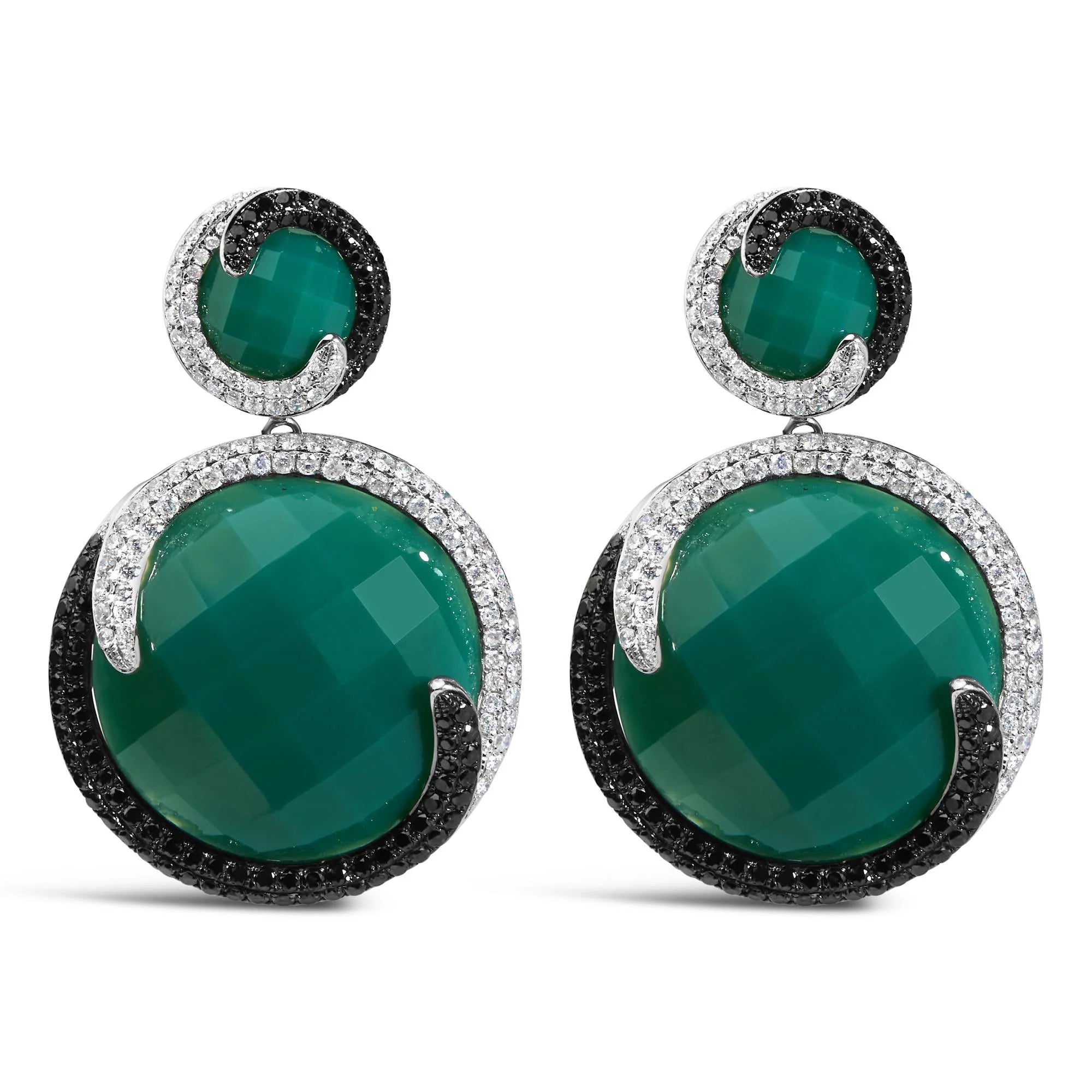 14K White Gold 2.0 Cttw White and Black Diamond and Green Agate Double Medallion Disc Drop and Dangle Earrings (H - I Color, I2 - I3 Clarity) - LinkagejewelrydesignLinkagejewelrydesign