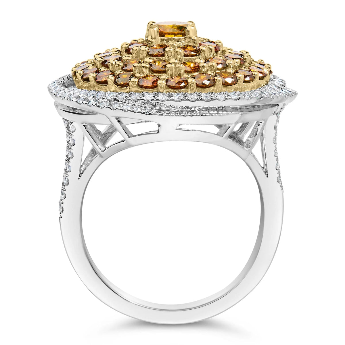 14K White Gold 3.00 Cttw Orange Brown Diamond Halo Swirl Cocktail Ring (F - G Color, VS1 - VS2 Clarity) - Ring Size 7 - LinkagejewelrydesignLinkagejewelrydesign