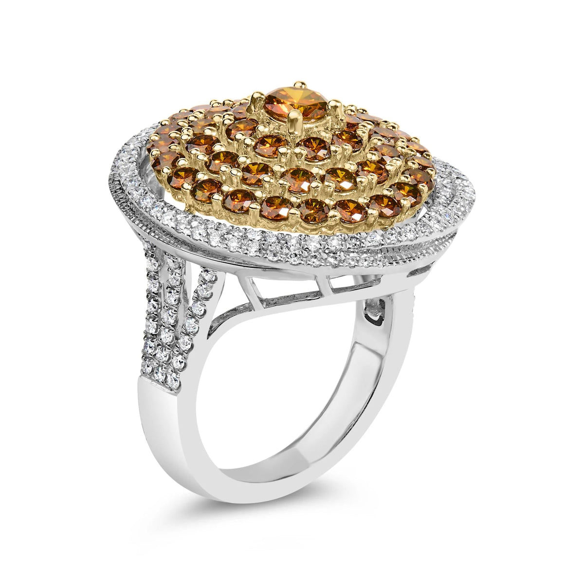 14K White Gold 3.00 Cttw Orange Brown Diamond Halo Swirl Cocktail Ring (F - G Color, VS1 - VS2 Clarity) - Ring Size 7 - LinkagejewelrydesignLinkagejewelrydesign
