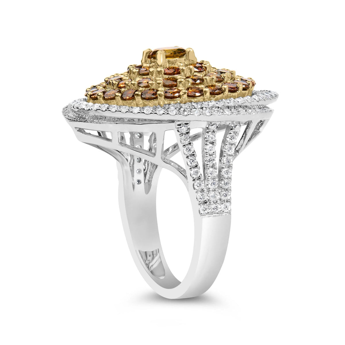 14K White Gold 3.00 Cttw Orange Brown Diamond Halo Swirl Cocktail Ring (F - G Color, VS1 - VS2 Clarity) - Ring Size 7 - LinkagejewelrydesignLinkagejewelrydesign
