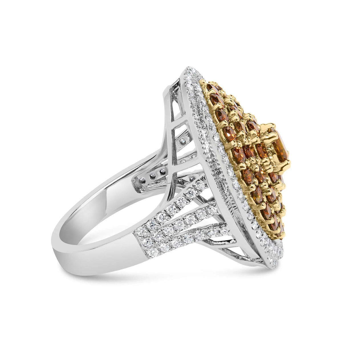 14K White Gold 3.00 Cttw Orange Brown Diamond Halo Swirl Cocktail Ring (F - G Color, VS1 - VS2 Clarity) - Ring Size 7 - LinkagejewelrydesignLinkagejewelrydesign