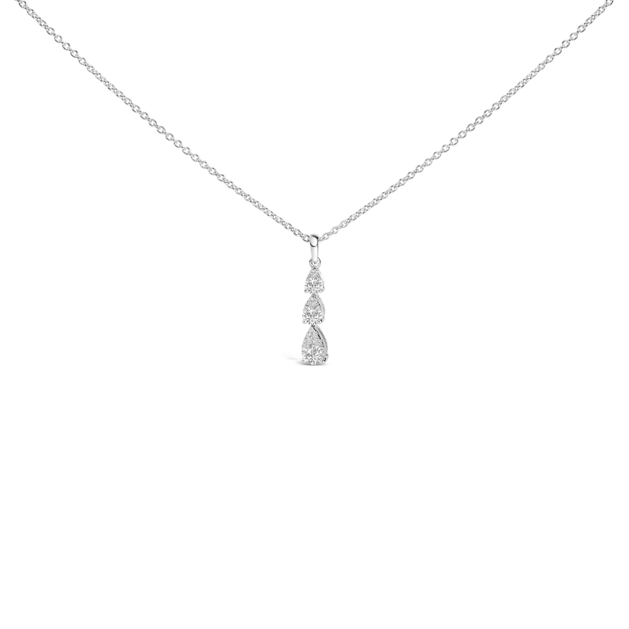 14K White Gold 3/8 Cttw Diamond Graduating 3 Stone Drop Style Pendant Necklace (G - H Color, VS2 - SI1 Clarity) - 18" Inches - LinkagejewelrydesignLinkagejewelrydesign