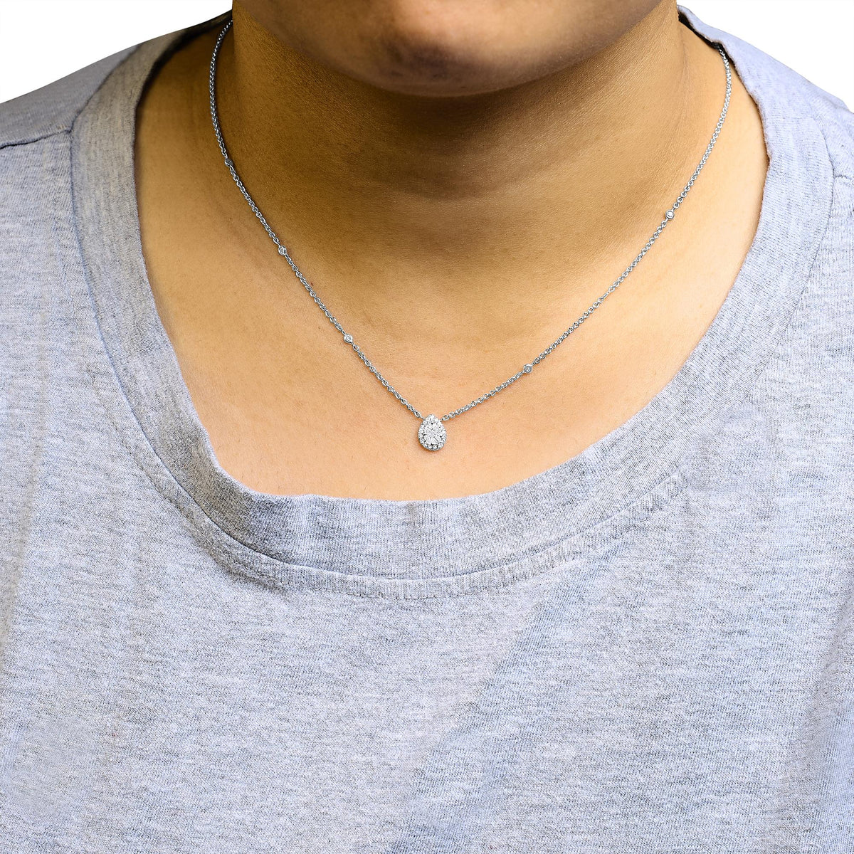 14K White Gold 3/8 Cttw Natural Diamond Composite Pear Shaped Bezel Station 17" Pendant Necklace (G - H Color, SI2 - I1 Clarity) - LinkagejewelrydesignLinkagejewelrydesign