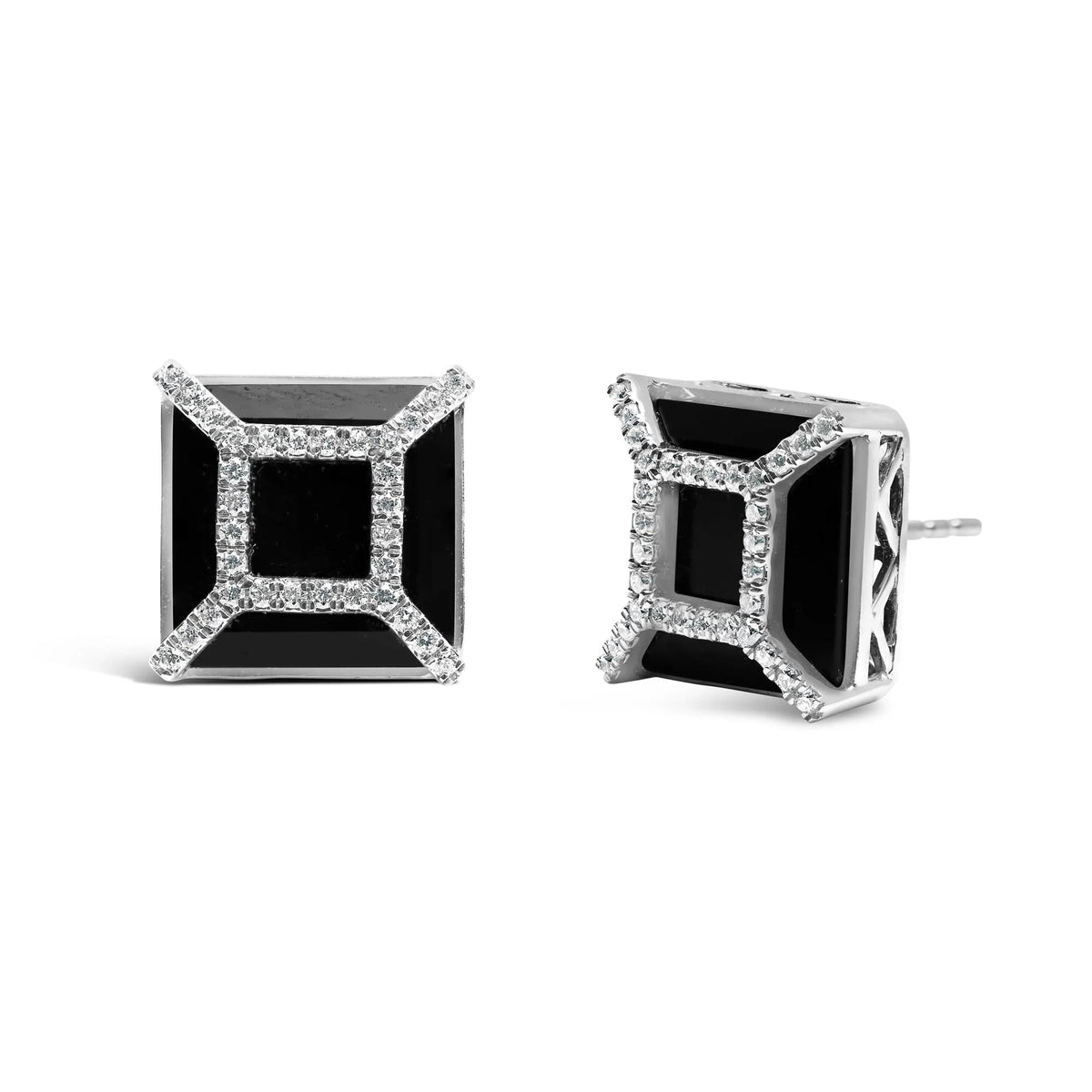14K White Gold 3/8ct Diamond with 11x11MM Black Onyx Stud Earrings (G - H Color, SI1 - SI2 Clarity) - LinkagejewelrydesignLinkagejewelrydesign