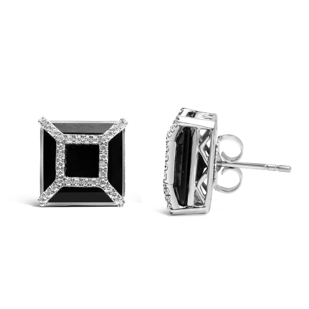 14K White Gold 3/8ct Diamond with 11x11MM Black Onyx Stud Earrings (G - H Color, SI1 - SI2 Clarity) - LinkagejewelrydesignLinkagejewelrydesign