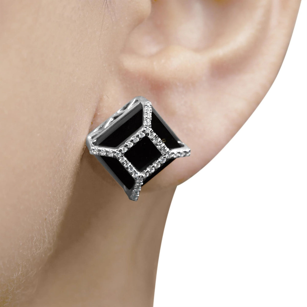 14K White Gold 3/8ct Diamond with 11x11MM Black Onyx Stud Earrings (G - H Color, SI1 - SI2 Clarity) - LinkagejewelrydesignLinkagejewelrydesign