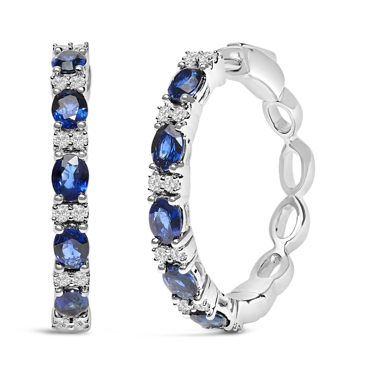 14K White Gold 4x3mm Oval Blue Sapphire and 1/4 Cttw Diamond Alternating Hoop Earring (I - J Color, SI2 - I1 Clarity) - LinkagejewelrydesignLinkagejewelrydesign