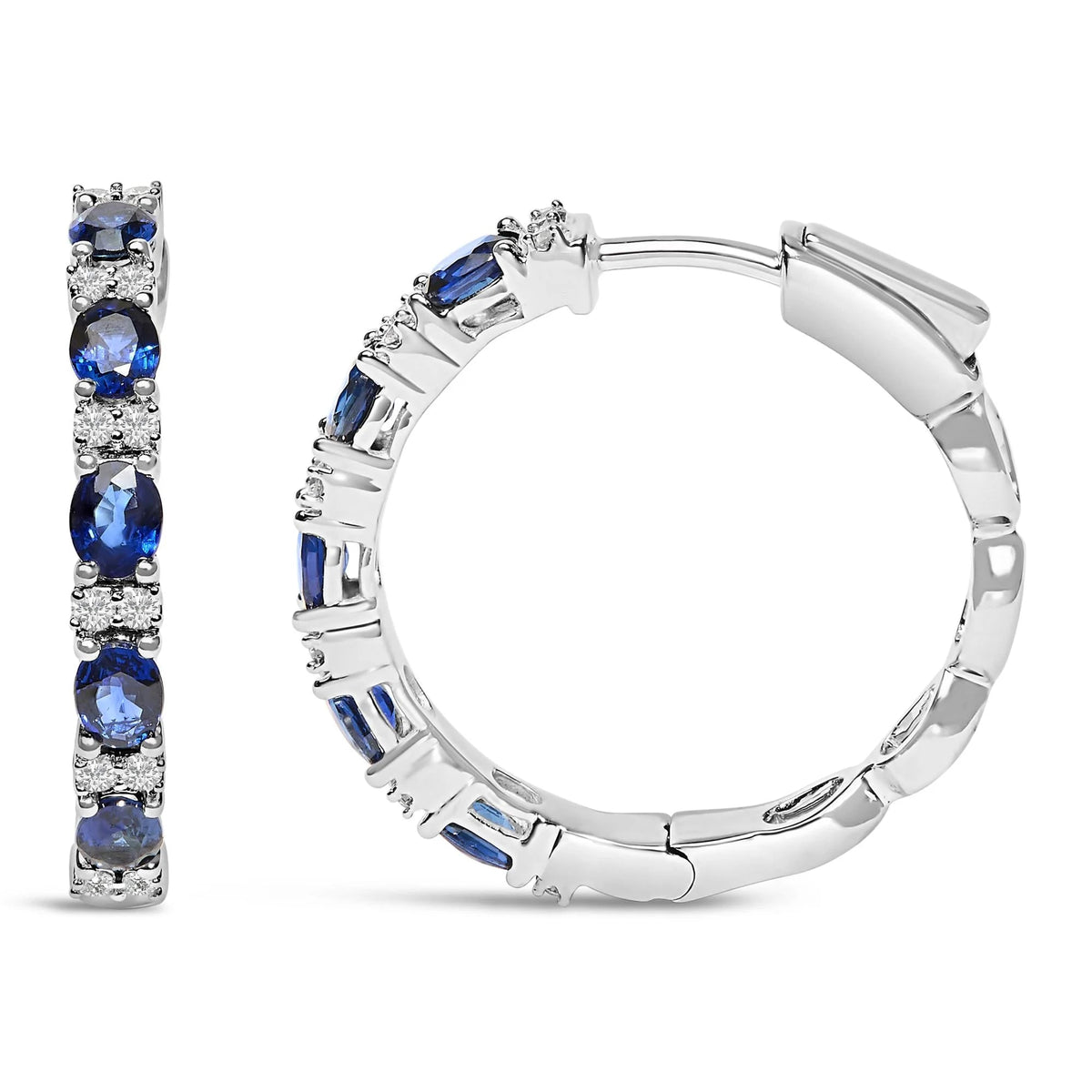 14K White Gold 4x3mm Oval Blue Sapphire and 1/4 Cttw Diamond Alternating Hoop Earring (I - J Color, SI2 - I1 Clarity) - LinkagejewelrydesignLinkagejewelrydesign