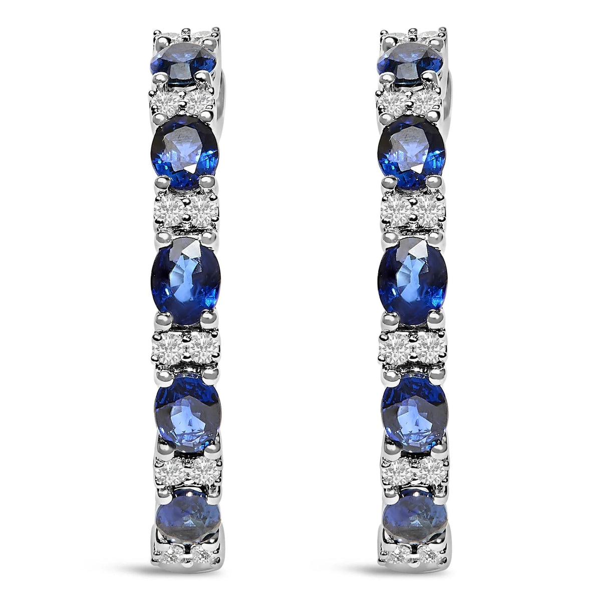 14K White Gold 4x3mm Oval Blue Sapphire and 1/4 Cttw Diamond Alternating Hoop Earring (I - J Color, SI2 - I1 Clarity) - LinkagejewelrydesignLinkagejewelrydesign