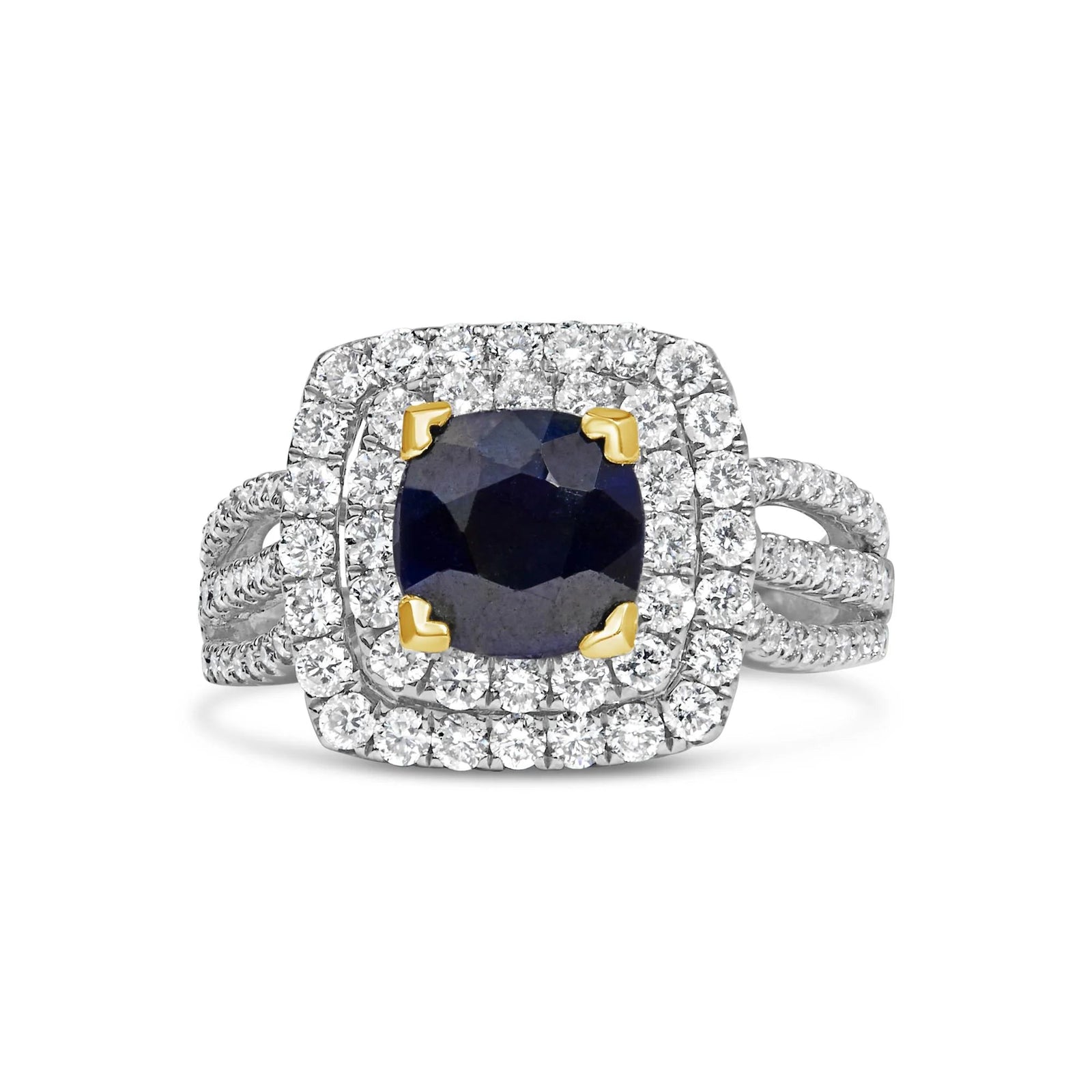 14K White Gold 7X7 Round Blue Sapphire 1 1/2 Cttw Diamond Halo Engagement Ring (F - G Color, VS1 - VS2 Clarity) - Ring Size 6 - LinkagejewelrydesignLinkagejewelrydesign