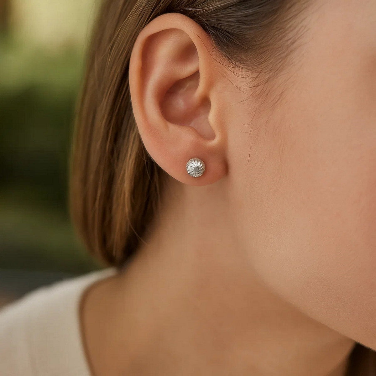 14K White Gold Ball Earrings with Linear Texture(5mm) - LinkagejewelrydesignLinkagejewelrydesign