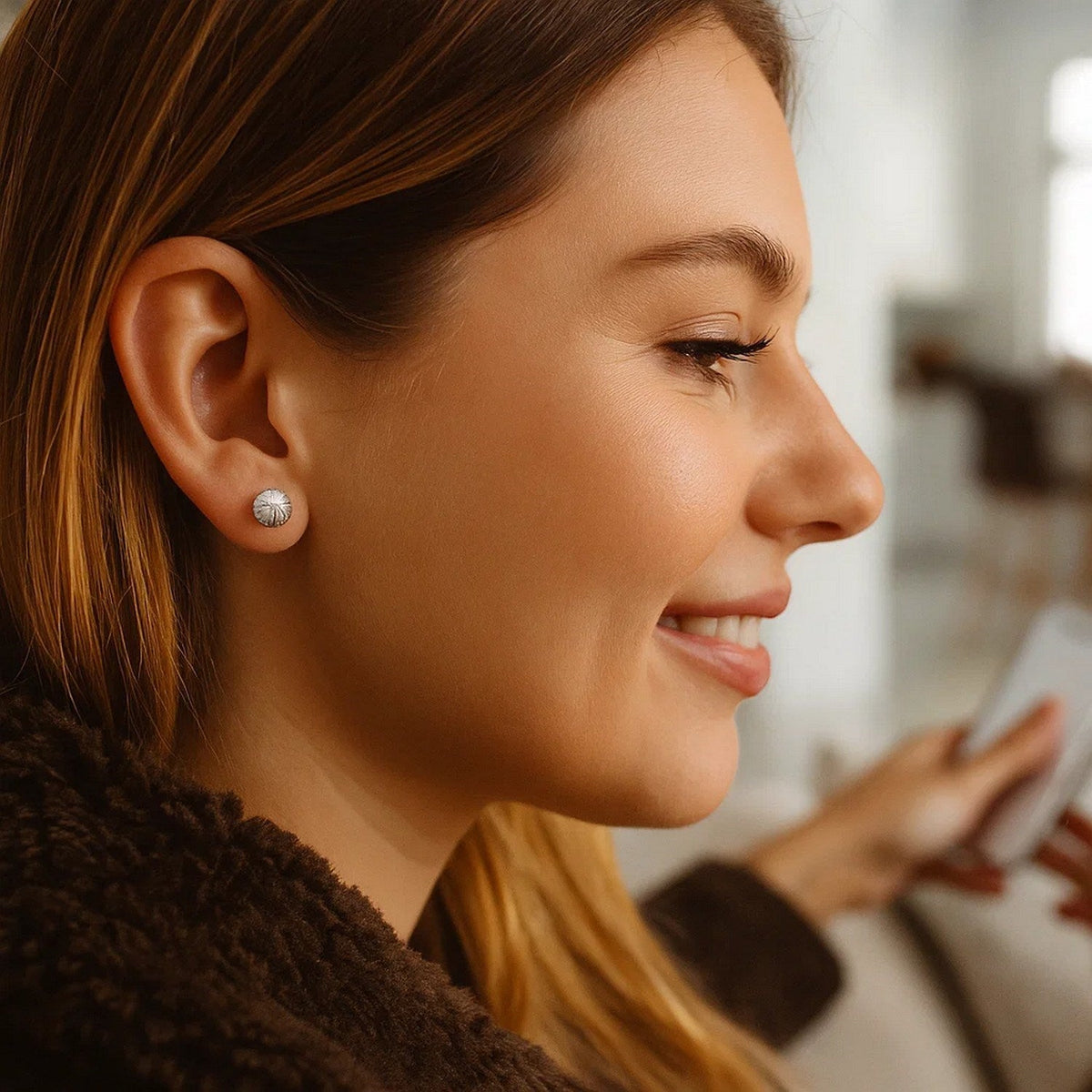 14K White Gold Ball Earrings with Linear Texture(5mm) - LinkagejewelrydesignLinkagejewelrydesign