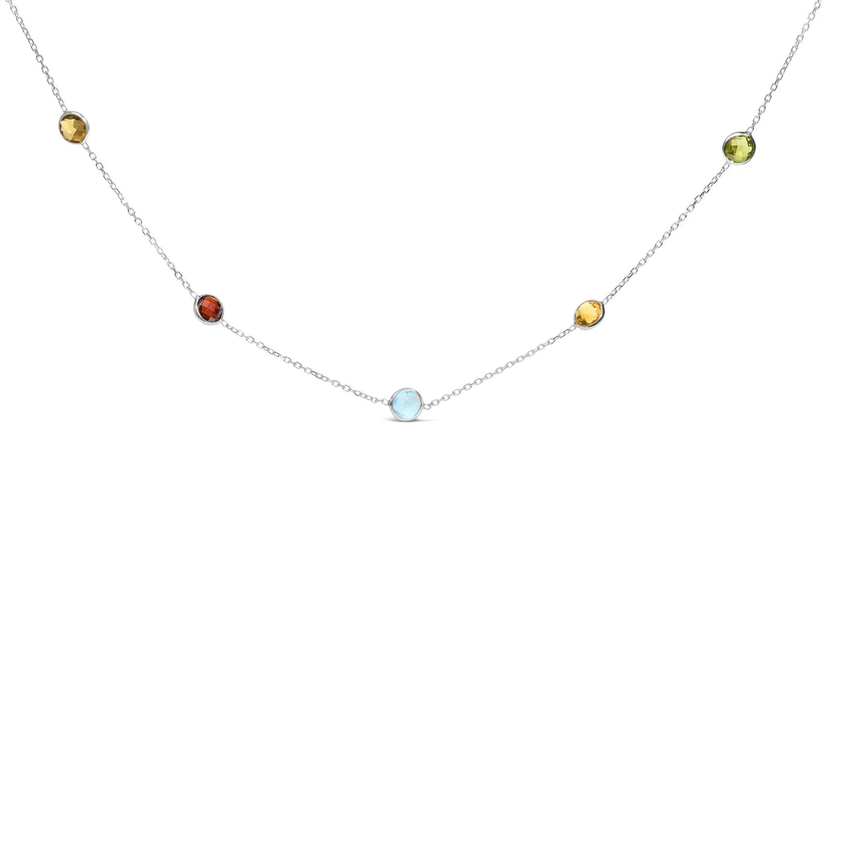 14K White Gold Bezel Set Mixed Gemstone 7 Station Adjustable 18" - 24" Necklace - LinkagejewelrydesignLinkagejewelrydesign