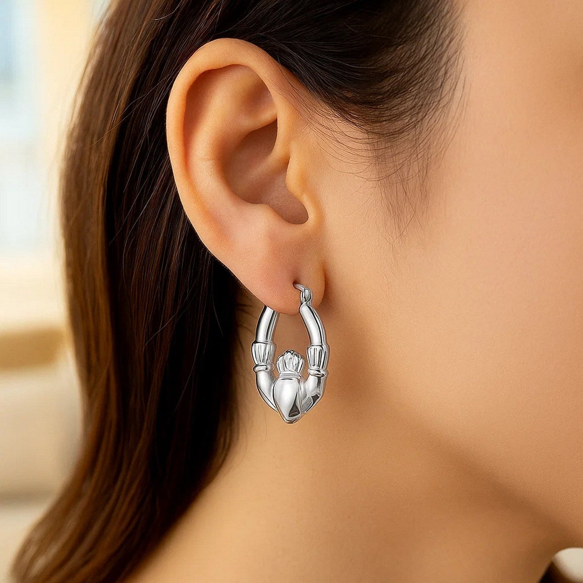 14K White Gold Claddagh Symbol Hoop Earrings - LinkagejewelrydesignLinkagejewelrydesign