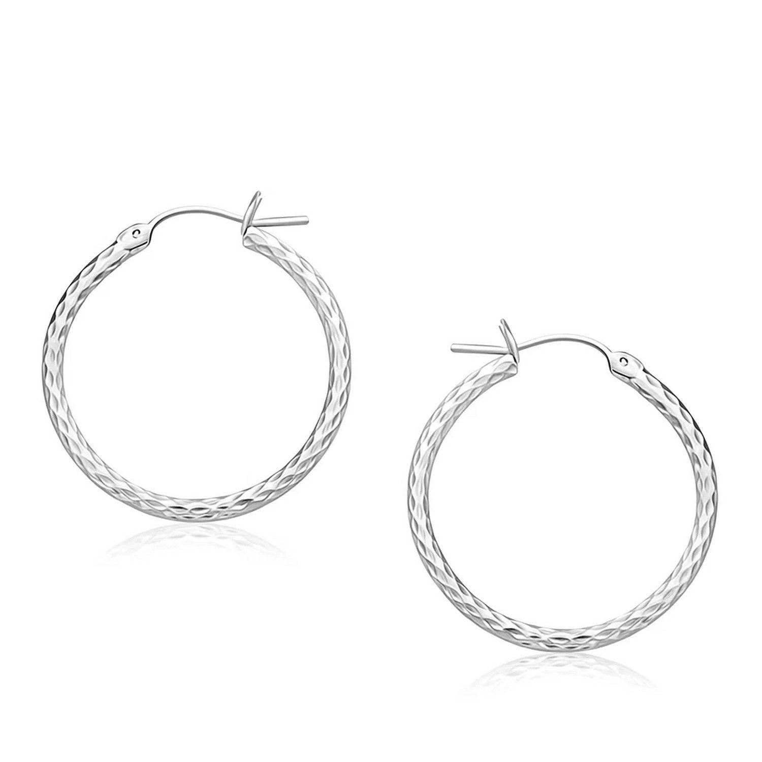 14k White Gold Diamond Cut Hoop Earrings (2x25mm) - LinkagejewelrydesignLinkagejewelrydesign