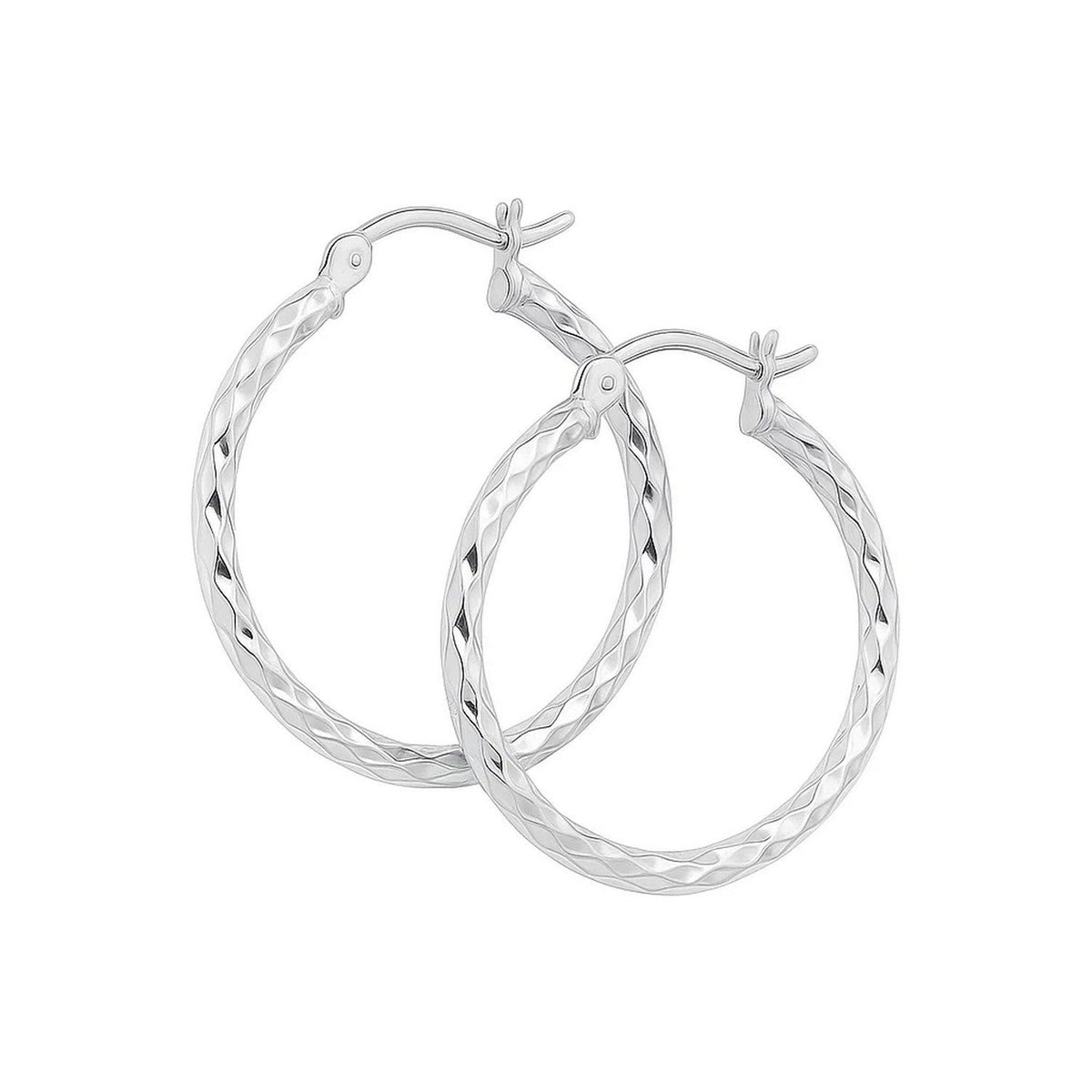 14k White Gold Diamond Cut Hoop Earrings (2x25mm) - LinkagejewelrydesignLinkagejewelrydesign