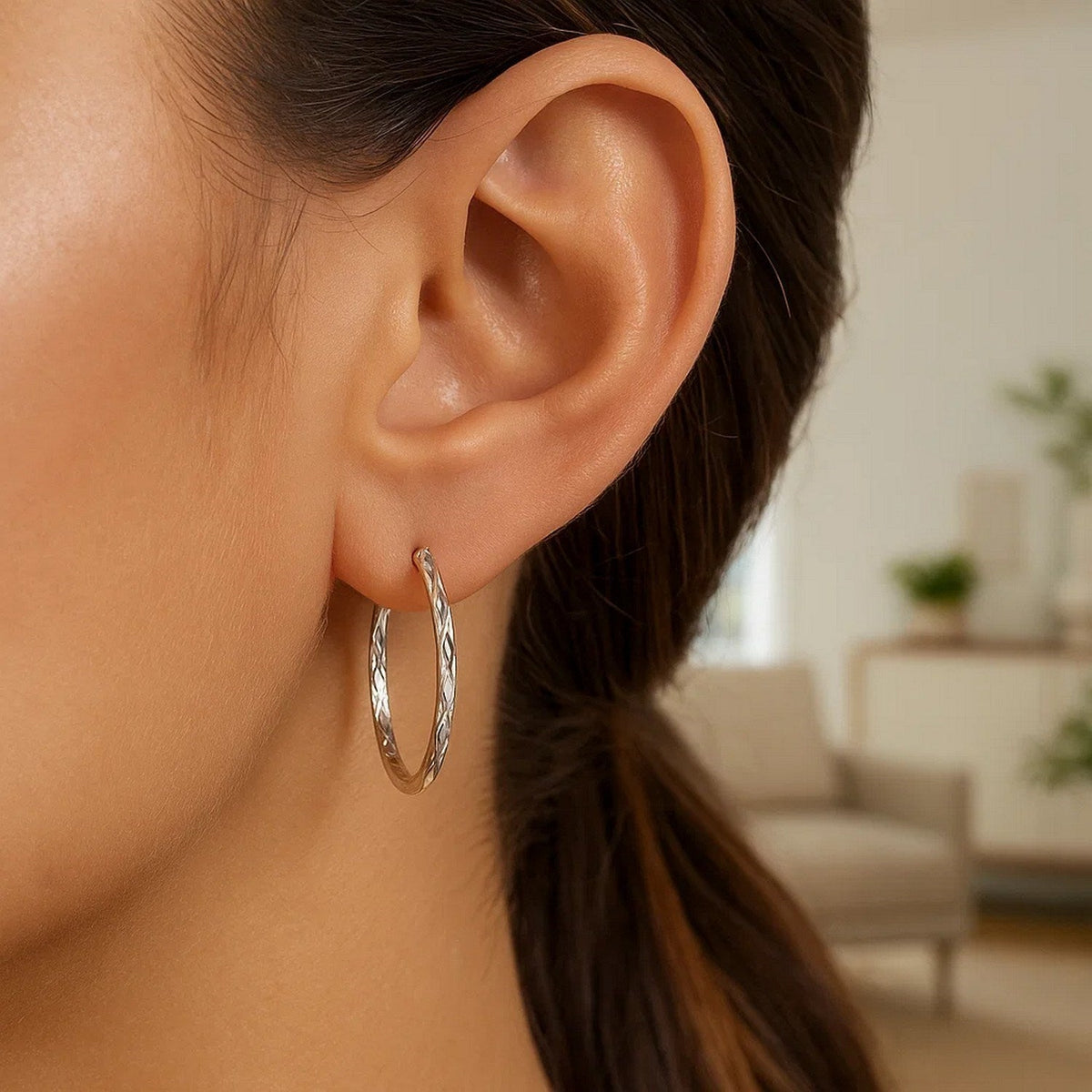 14k White Gold Diamond Cut Hoop Earrings(2x30mm) - LinkagejewelrydesignLinkagejewelrydesign