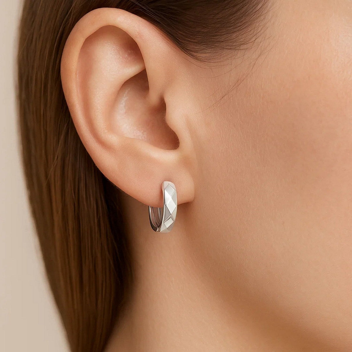 14K White Gold Diamond Motif Faceted Huggie Earrings - LinkagejewelrydesignLinkagejewelrydesign