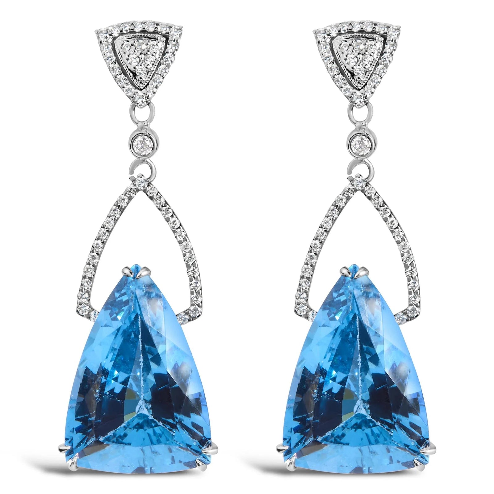 14K White Gold Earrings 4/5 Cttw Diamond and 18x11 MM Trillion Cut Blue Topaz Drop and Dangle Earrings (F - G Color, VS2 - SI1 Clarity) - LinkagejewelrydesignLinkagejewelrydesign