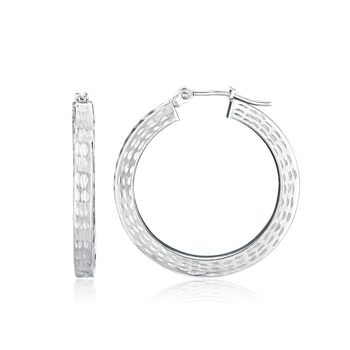14K White Gold Flat Hoop Earrings with Diamond - Cut Finish - LinkagejewelrydesignLinkagejewelrydesign