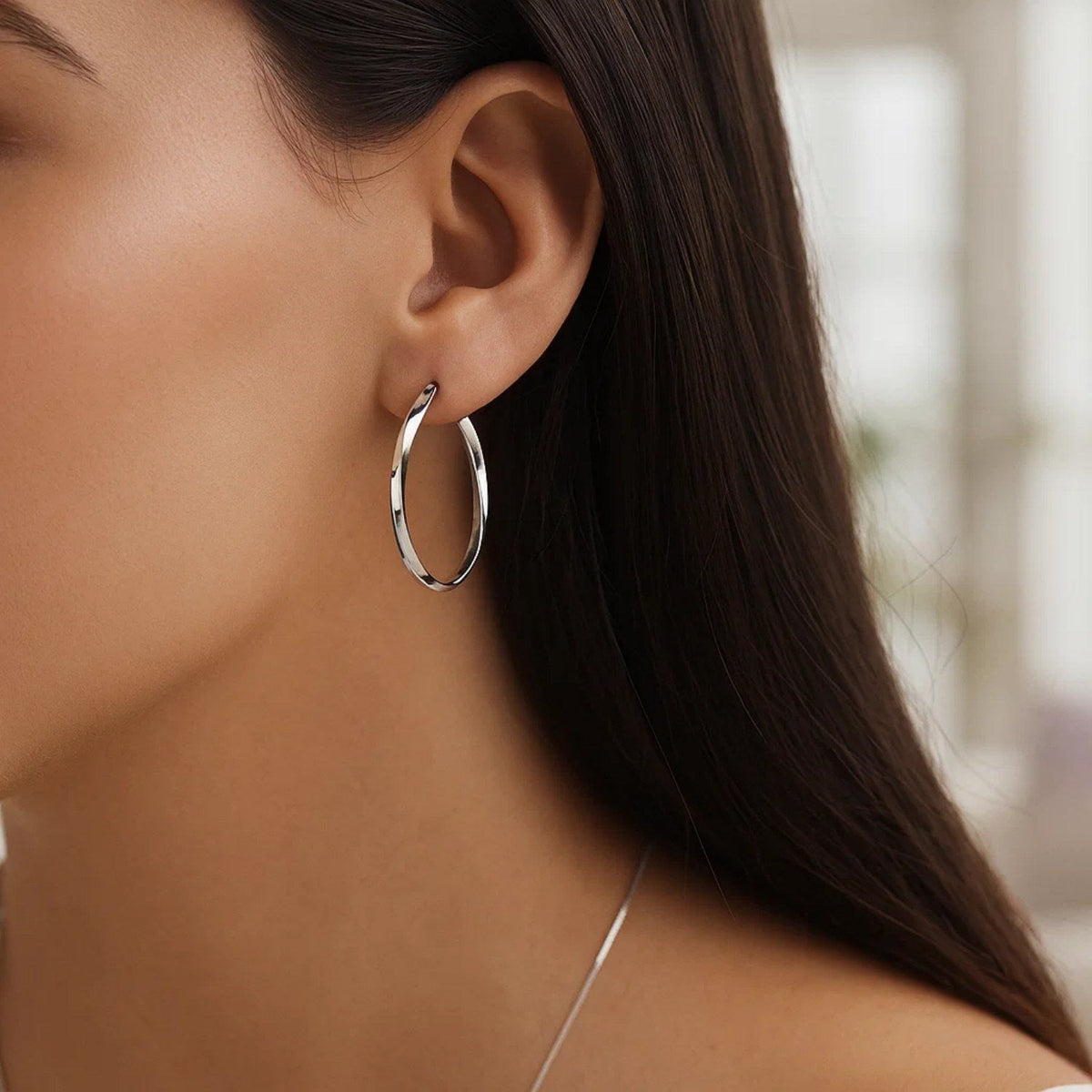 14k White Gold Mobius Twisted Hoop Earrings(1.5x50mm) - LinkagejewelrydesignLinkagejewelrydesign