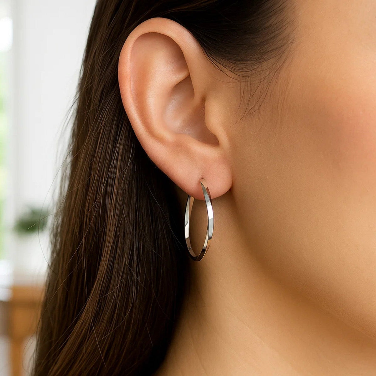 14k White Gold Mobius Twisted Hoop Earrings(1.5x50mm) - LinkagejewelrydesignLinkagejewelrydesign