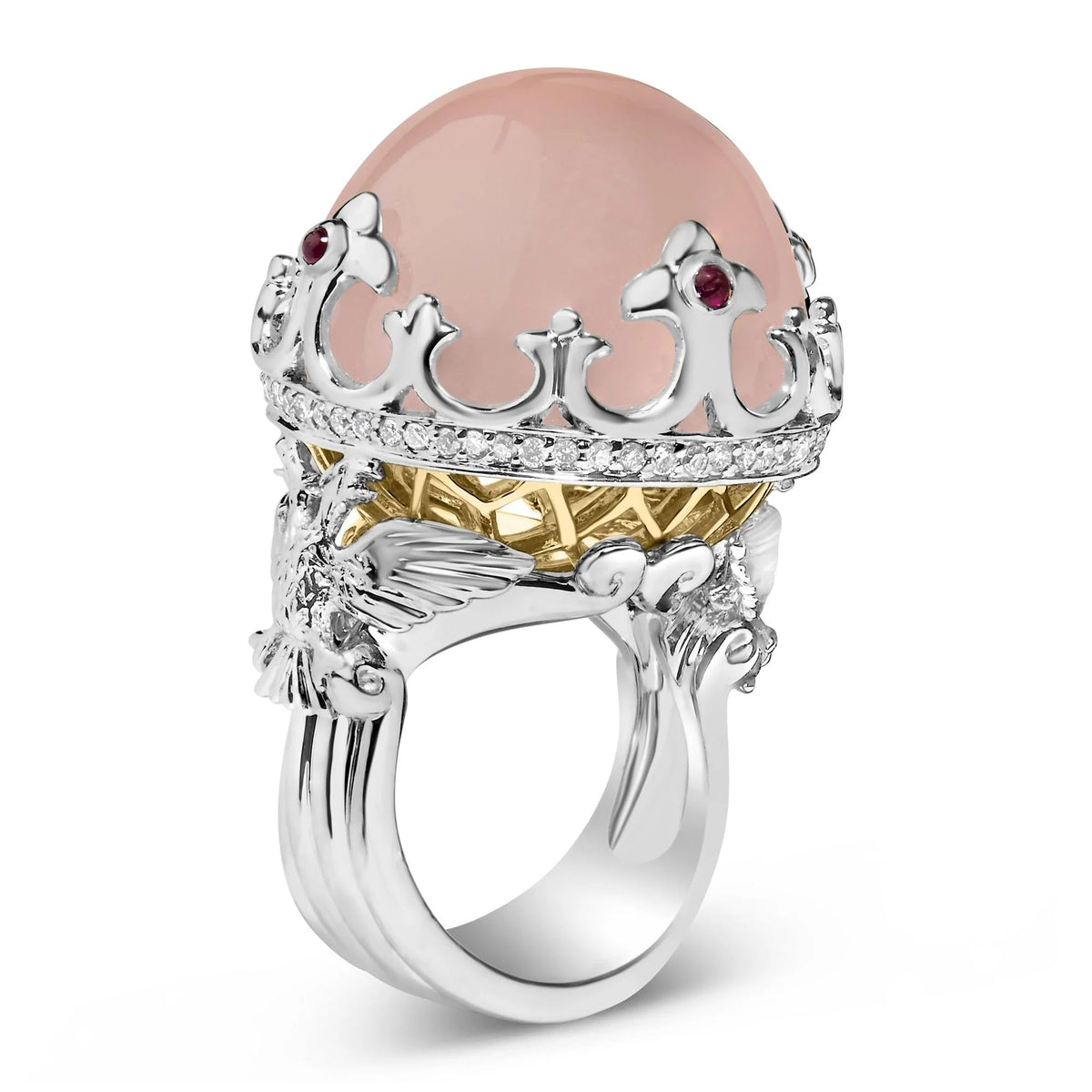 14K White Gold Pink Quartz Crystal Ball and Diamond and Ruby Crown Shaped Cocktail Ring (F - G Color, SI1 - SI2 Clarity) - Ring Size 7 - LinkagejewelrydesignLinkagejewelrydesign