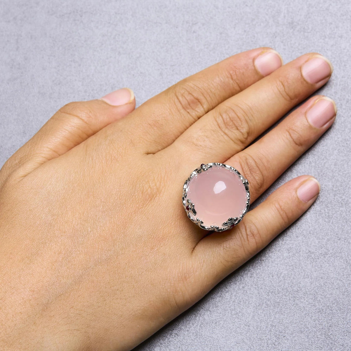 14K White Gold Pink Quartz Crystal Ball and Diamond and Ruby Crown Shaped Cocktail Ring (F - G Color, SI1 - SI2 Clarity) - Ring Size 7 - LinkagejewelrydesignLinkagejewelrydesign