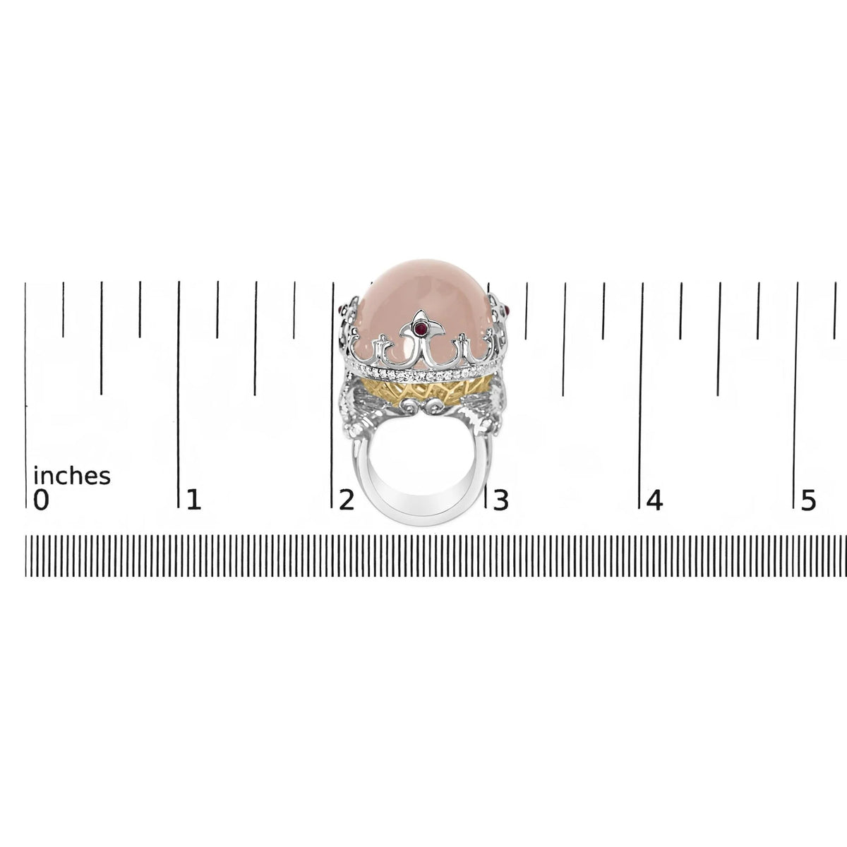 14K White Gold Pink Quartz Crystal Ball and Diamond and Ruby Crown Shaped Cocktail Ring (F - G Color, SI1 - SI2 Clarity) - Ring Size 7 - LinkagejewelrydesignLinkagejewelrydesign