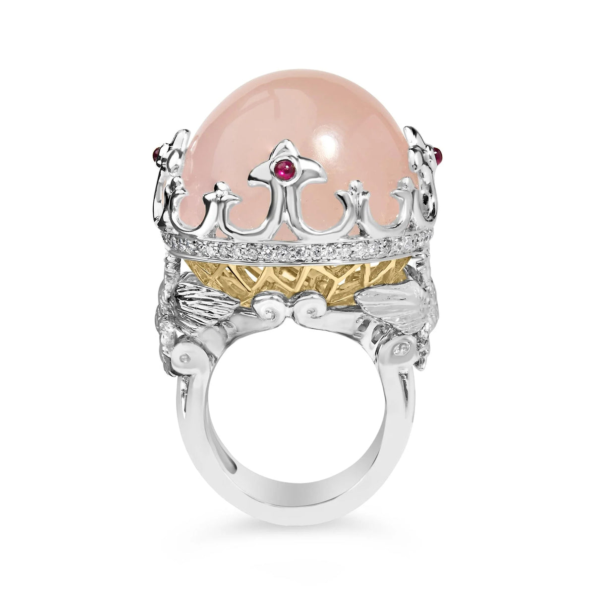 14K White Gold Pink Quartz Crystal Ball and Diamond and Ruby Crown Shaped Cocktail Ring (F - G Color, SI1 - SI2 Clarity) - Ring Size 7 - LinkagejewelrydesignLinkagejewelrydesign