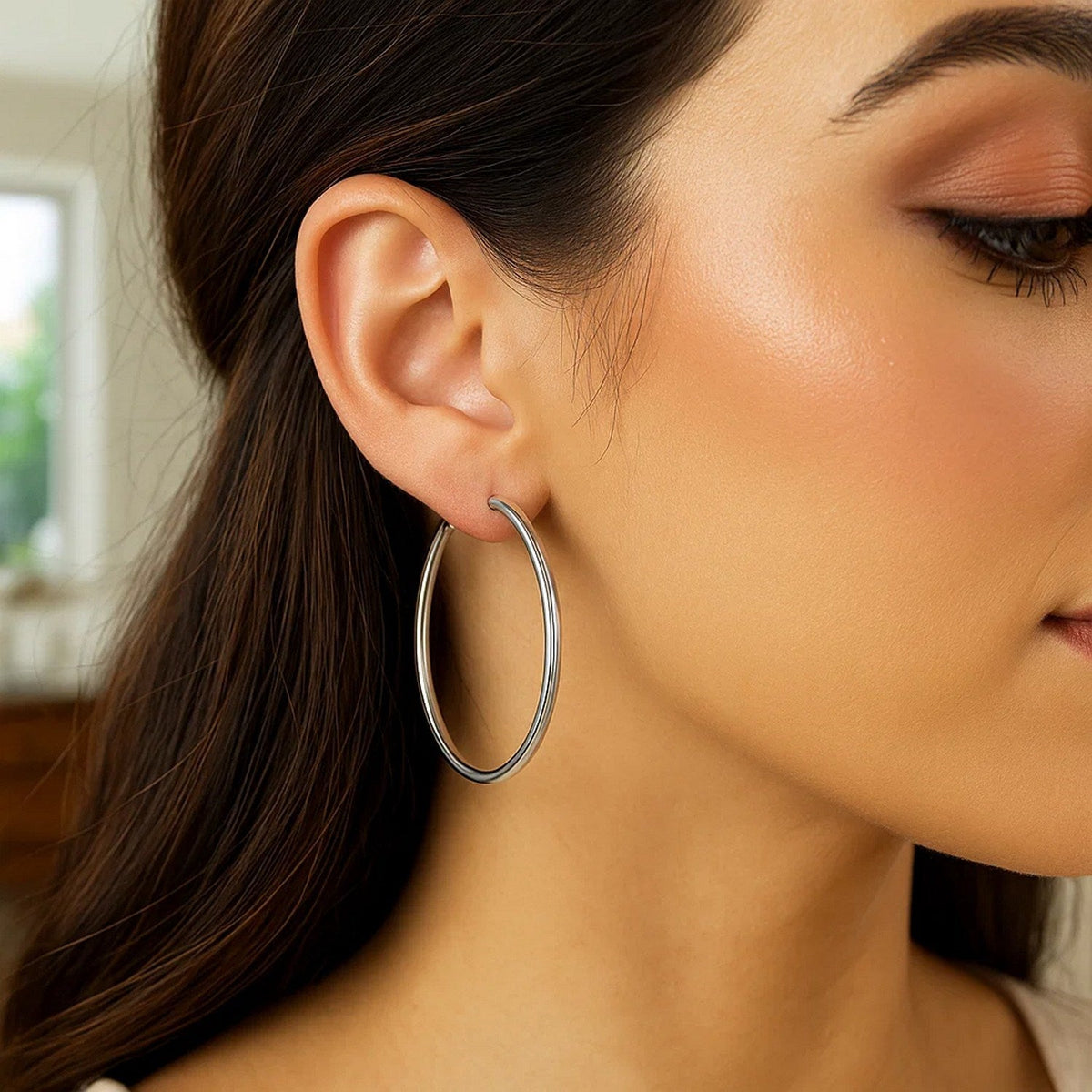 14k White Gold Polished Hoop Earrings (3x50mm) - LinkagejewelrydesignLinkagejewelrydesign