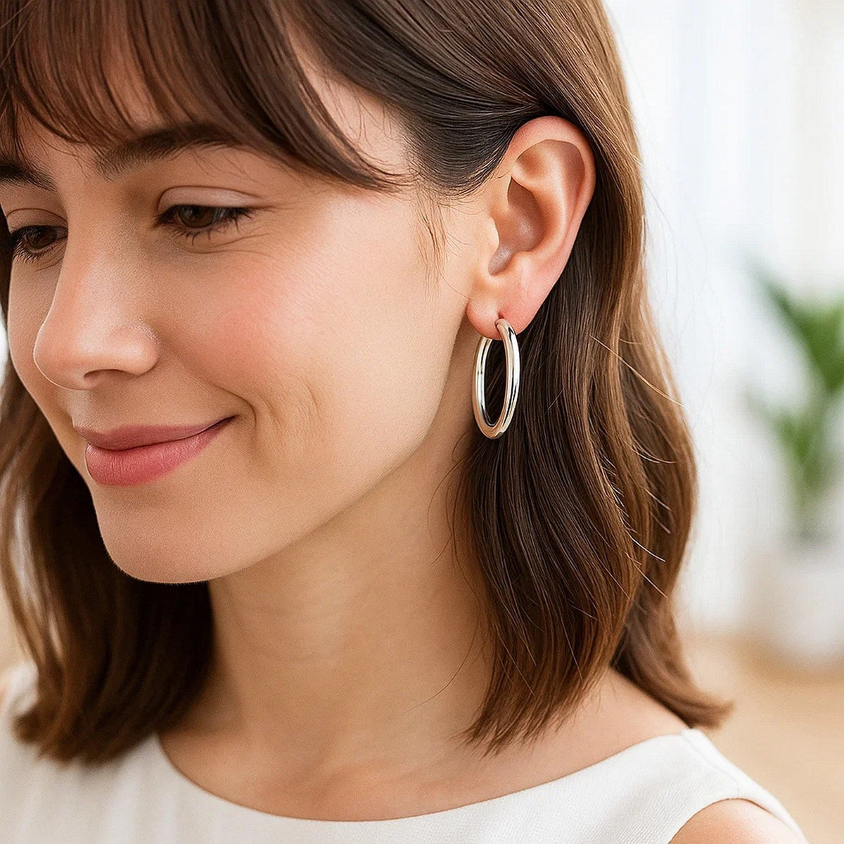 14k White Gold Polished Hoop Earrings (4x25mm) - LinkagejewelrydesignLinkagejewelrydesign