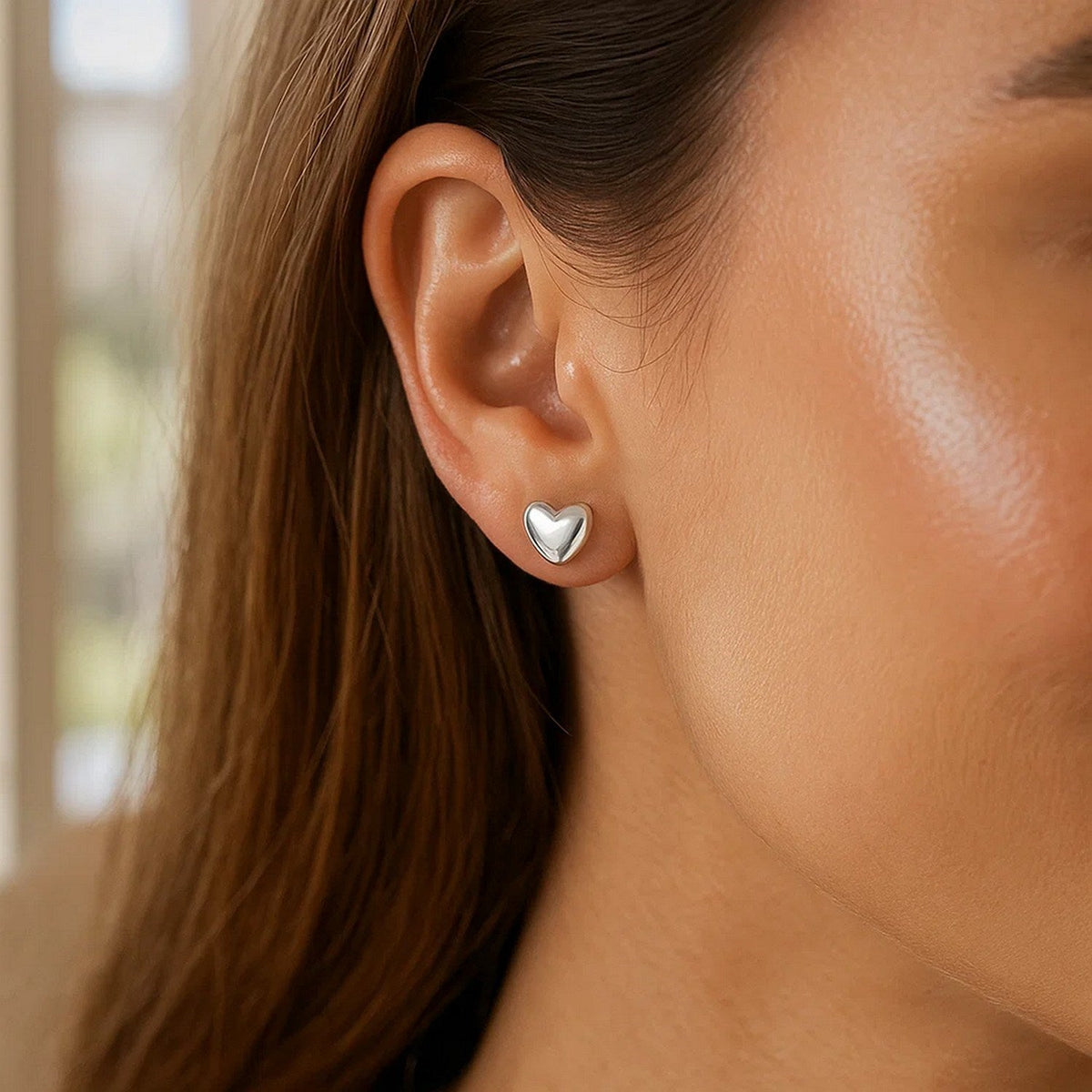 14k White Gold Puffed Heart Shape Shiny Earrings - LinkagejewelrydesignLinkagejewelrydesign