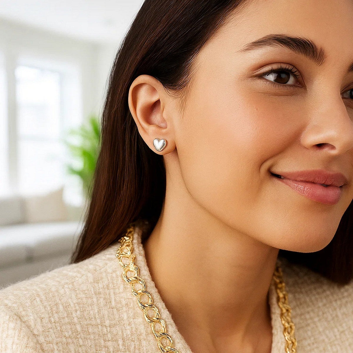 14k White Gold Puffed Heart Shape Shiny Earrings - LinkagejewelrydesignLinkagejewelrydesign