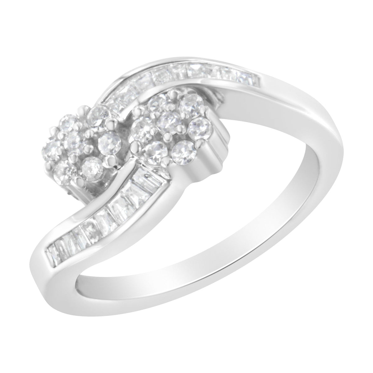 14K White Gold Round and Baguette Diamond Bypass Ring (1/2 cttw, H - I Color, I1 - I2 Clarity) - LinkagejewelrydesignLinkagejewelrydesign