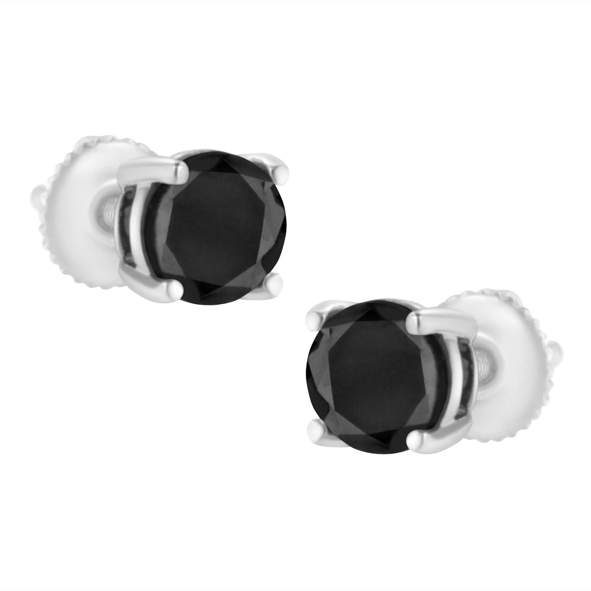 14K White Gold Round Brilliant - Cut Black Diamond Classic 4 - Prong Stud Earrings with Screw Backs (Fancy Color - Enhanced, I2 - I3 Clarity) - LinkagejewelrydesignLinkagejewelrydesign