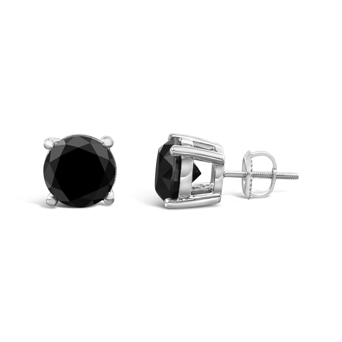 14K White Gold Round Brilliant - Cut Black Diamond Classic 4 - Prong Stud Earrings with Screw Backs (Fancy Color - Enhanced, I2 - I3 Clarity) - LinkagejewelrydesignLinkagejewelrydesign