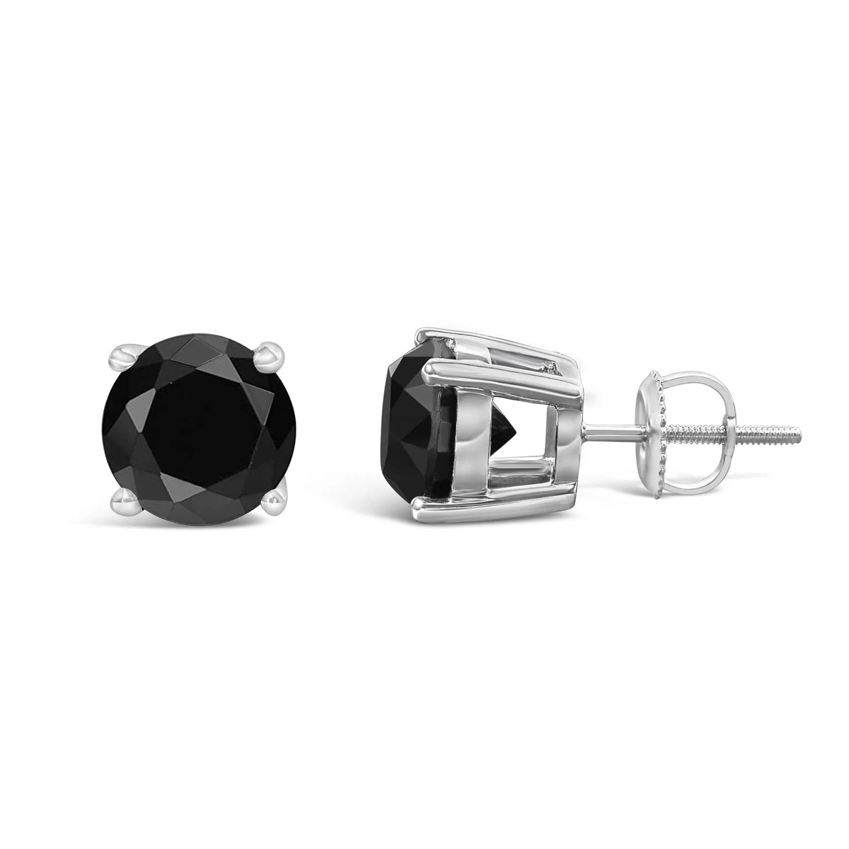 14K White Gold Round Brilliant - Cut Black Diamond Classic 4 - Prong Stud Earrings with Screw Backs (Fancy Color - Enhanced, I2 - I3 Clarity) - LinkagejewelrydesignLinkagejewelrydesign