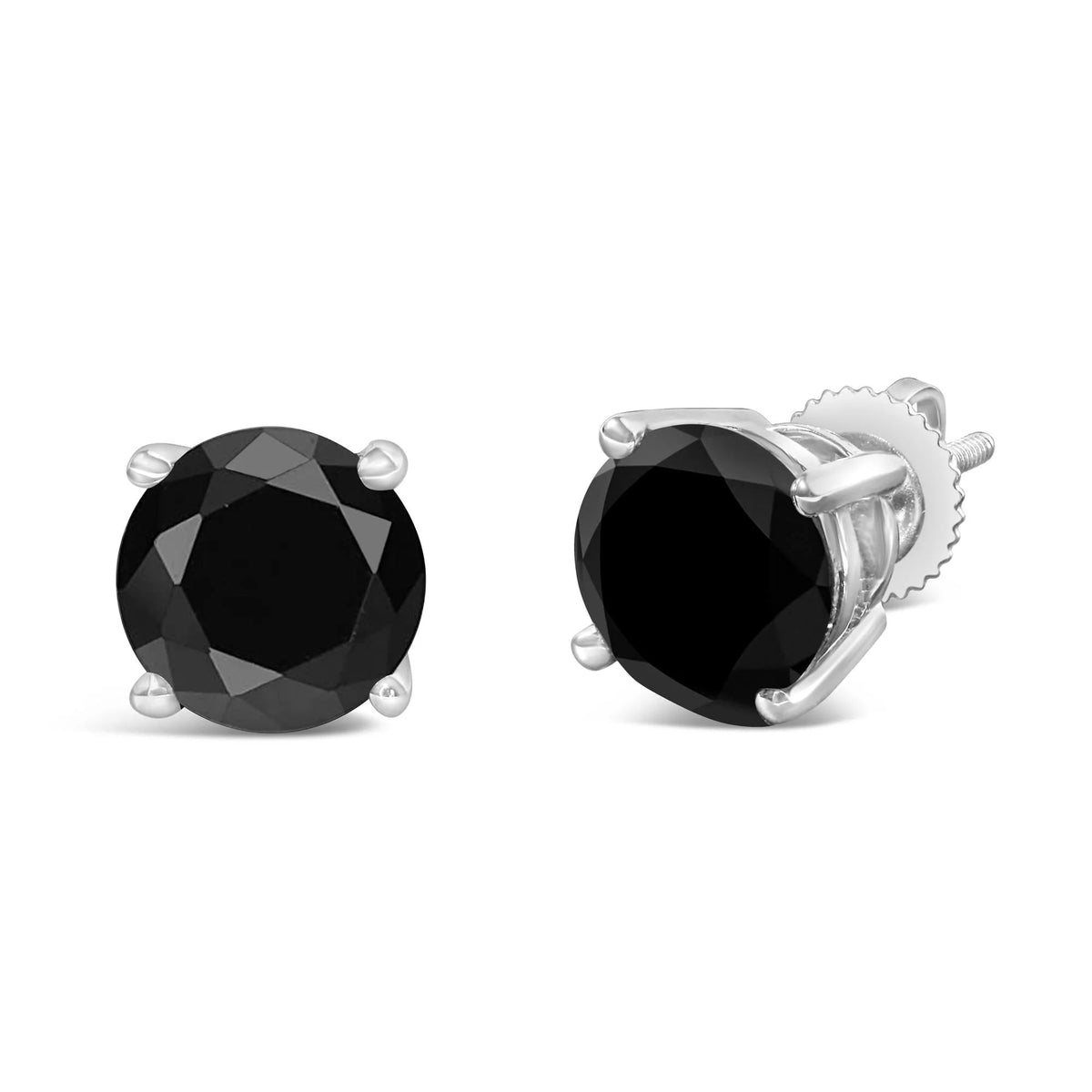 14K White Gold Round Brilliant - Cut Black Diamond Classic 4 - Prong Stud Earrings with Screw Backs (Fancy Color - Enhanced, I2 - I3 Clarity) - LinkagejewelrydesignLinkagejewelrydesign