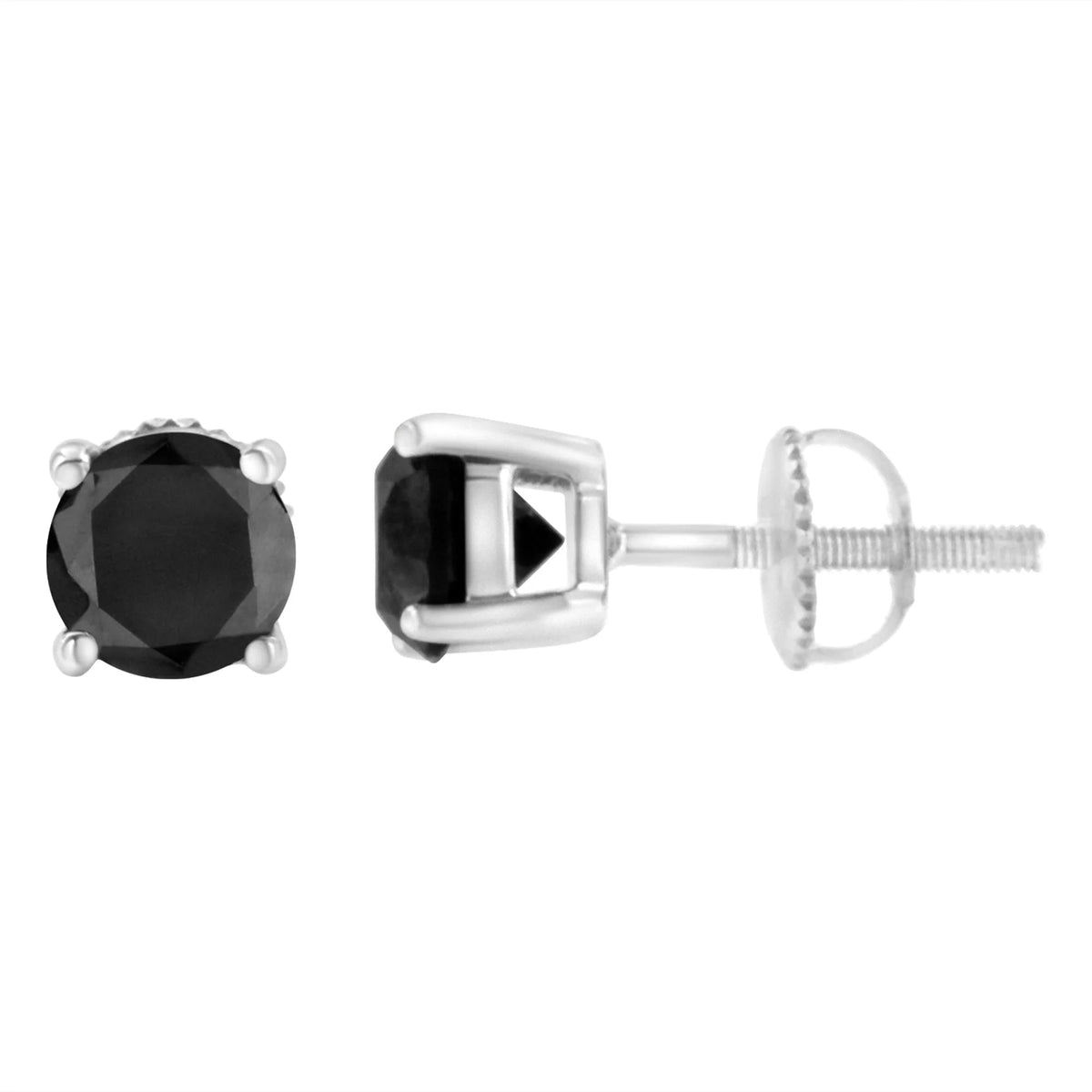 14K White Gold Round Brilliant - Cut Black Diamond Classic 4 - Prong Stud Earrings with Screw Backs (Fancy Color - Enhanced, I2 - I3 Clarity) - LinkagejewelrydesignLinkagejewelrydesign