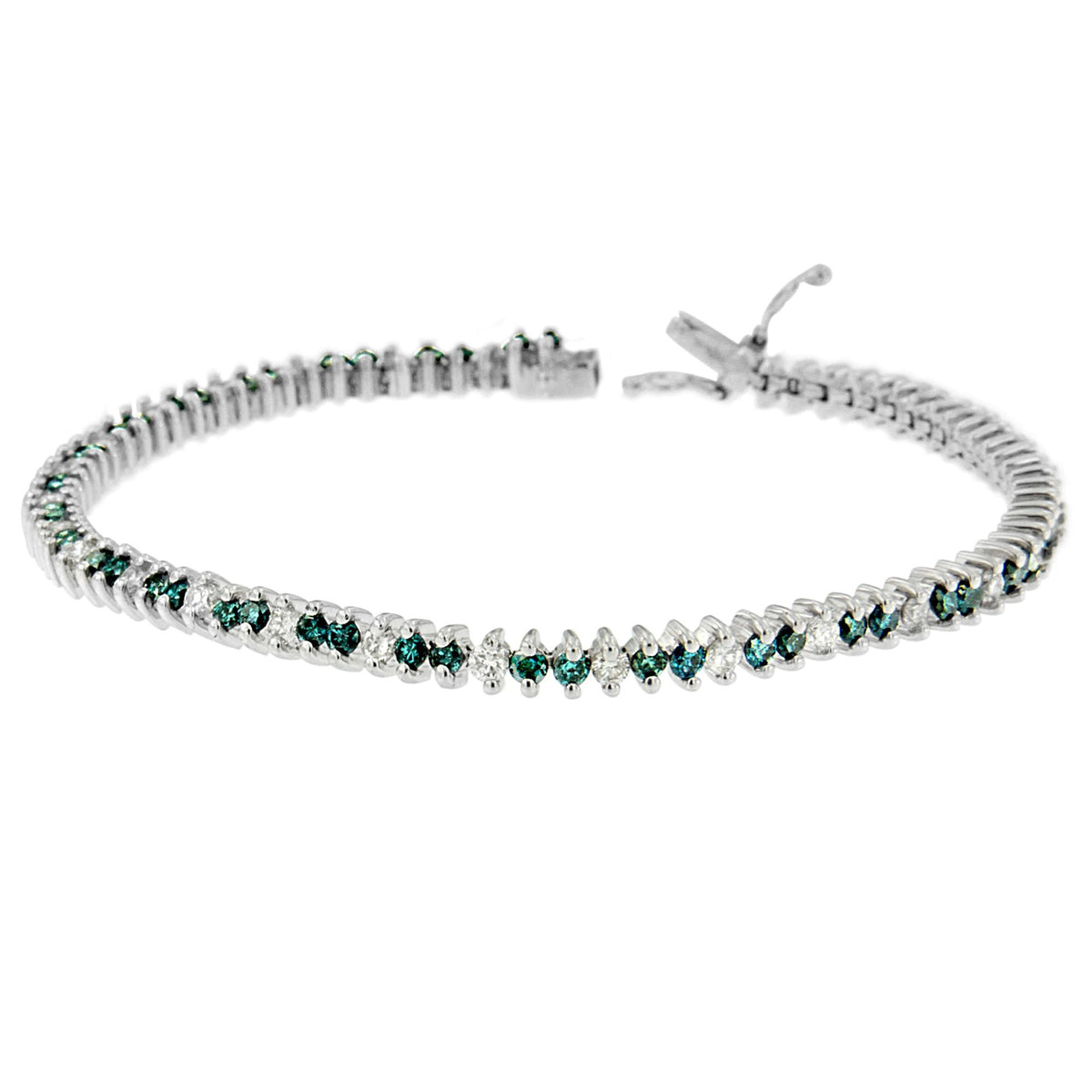 14K White Gold Round - Cut white and Blue Diamond Fashion Bracelet (3.70 cttw, H - I Color, SI1 - SI2 Clarity) - LinkagejewelrydesignLinkagejewelrydesign