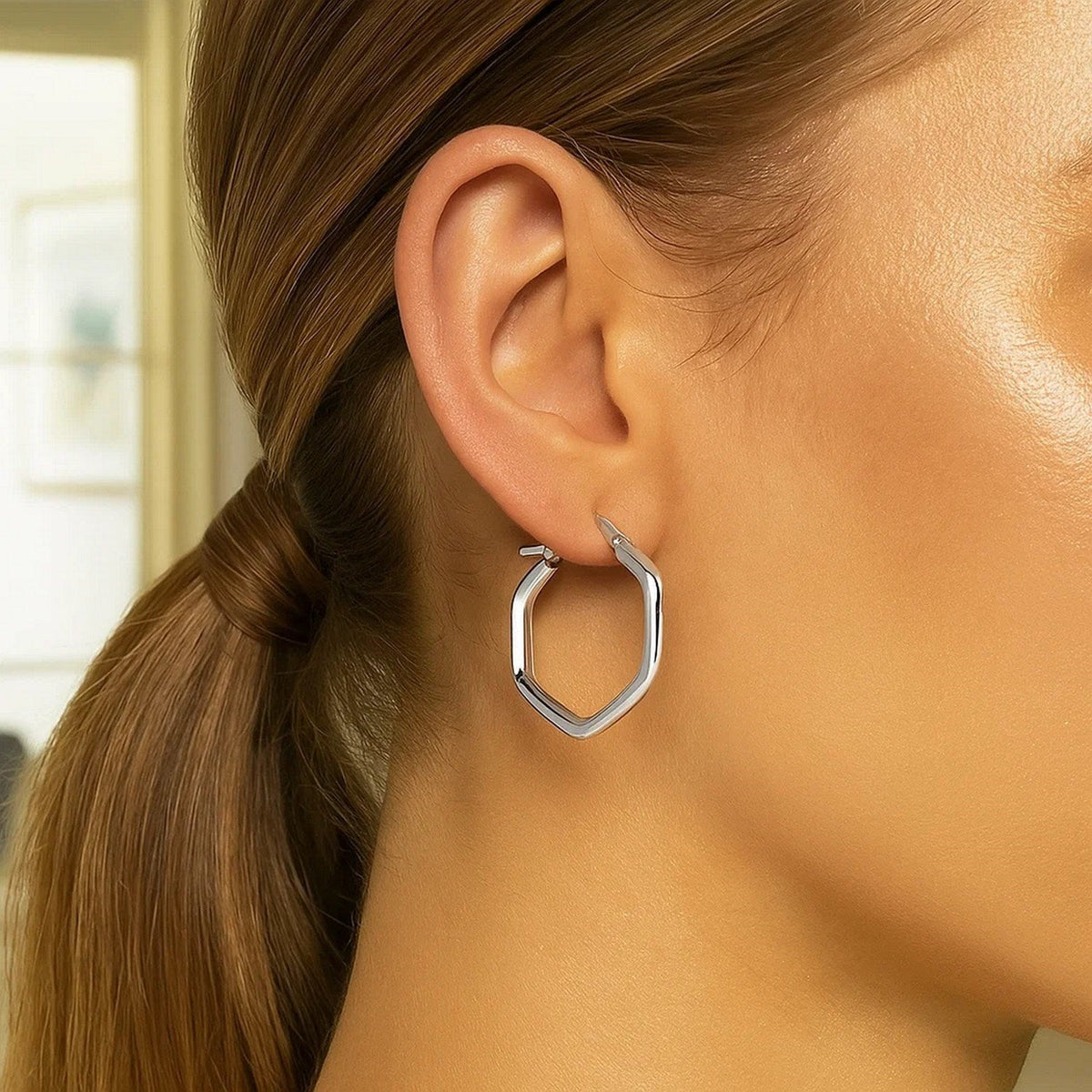 14k White Gold Shiny Hexagon Hoop Earrings - LinkagejewelrydesignLinkagejewelrydesign