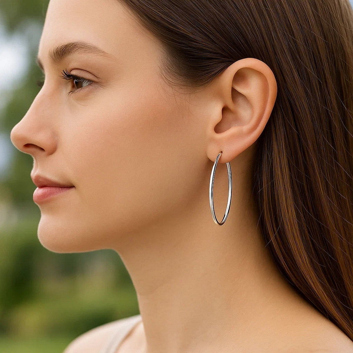 14k White Gold Slim Oval Shape Hoop Earrings - LinkagejewelrydesignLinkagejewelrydesign