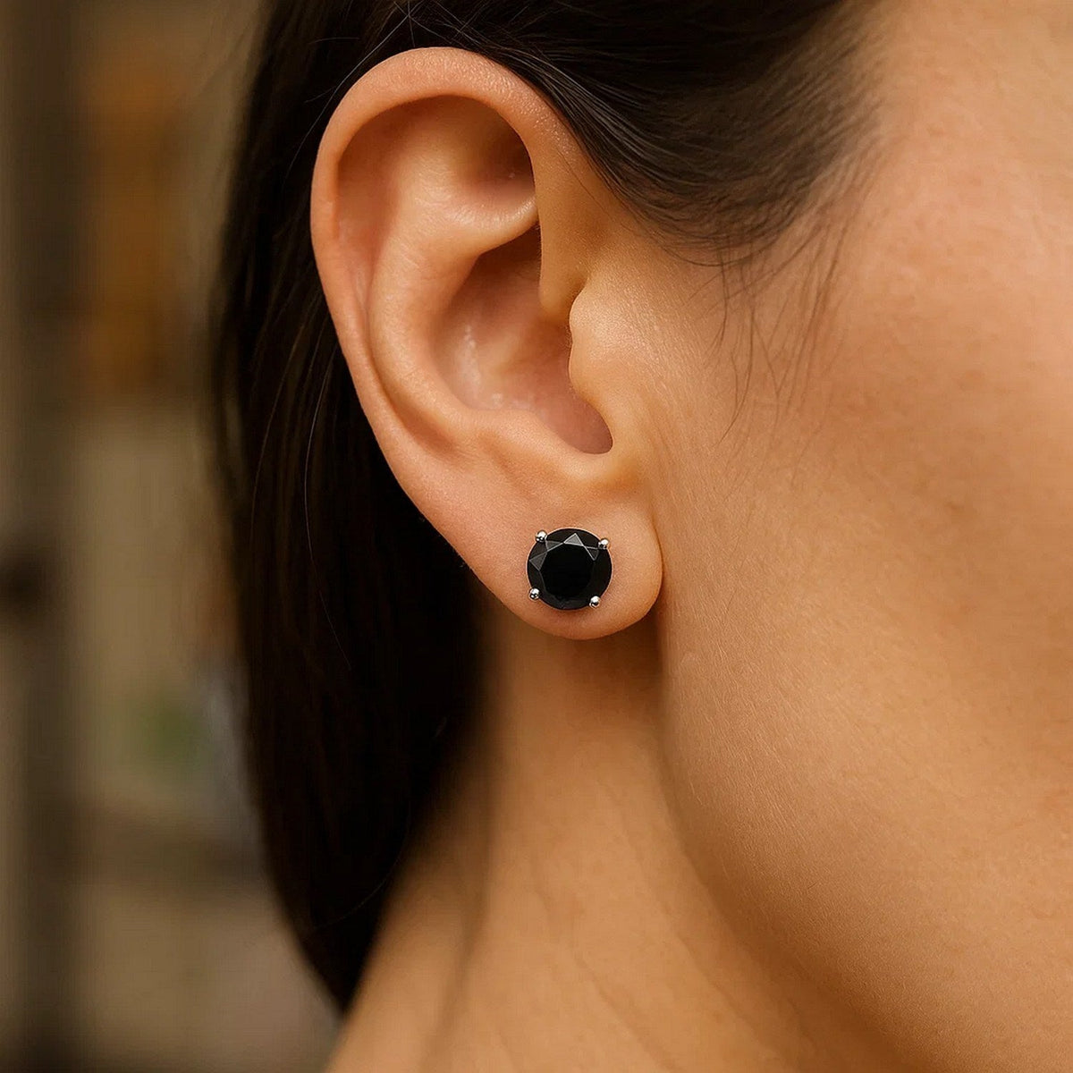 14k White Gold Stud Earrings with Black Faceted Cubic Zirconia(6mm) - LinkagejewelrydesignLinkagejewelrydesign