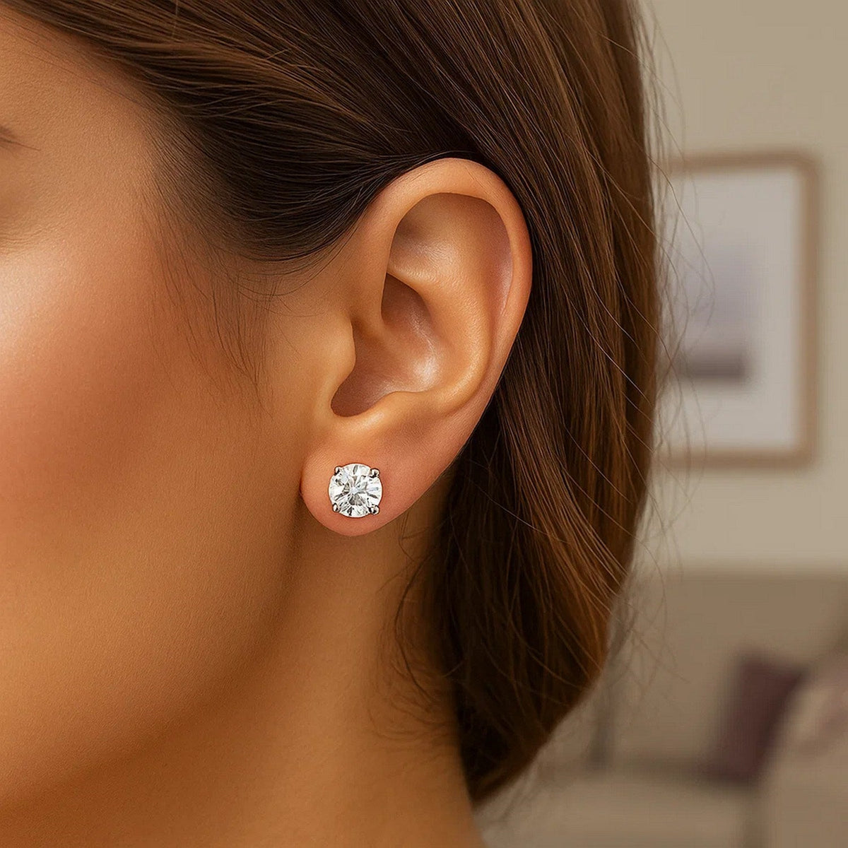14k White Gold Stud Earrings with White Hue Faceted Cubic Zirconia - LinkagejewelrydesignLinkagejewelrydesign