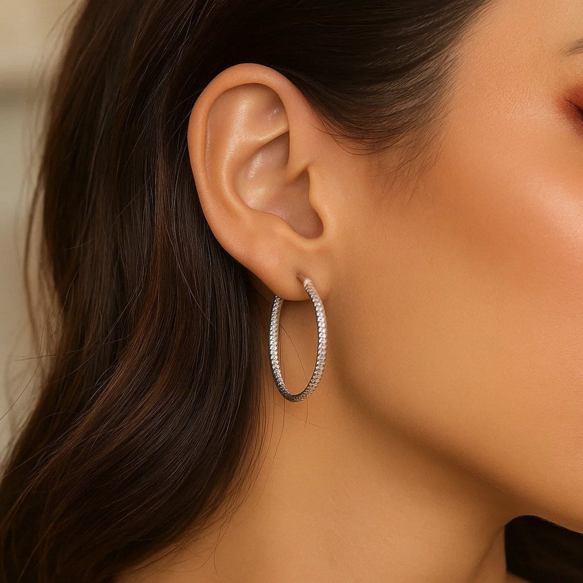 14k White Gold Tube Textured Round Hoop Earrings - LinkagejewelrydesignLinkagejewelrydesign