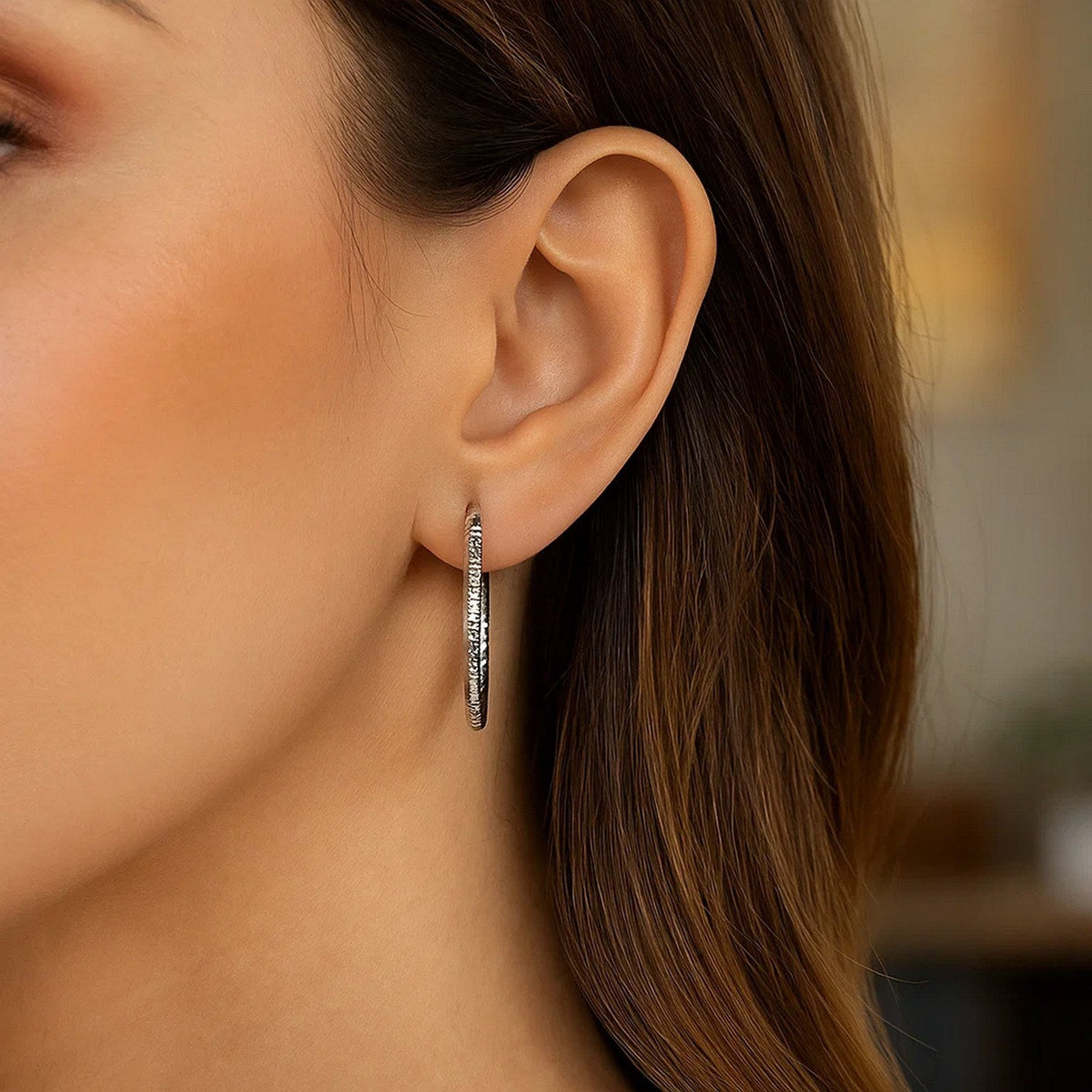 14k White Gold Tube Textured Round Hoop Earrings - LinkagejewelrydesignLinkagejewelrydesign