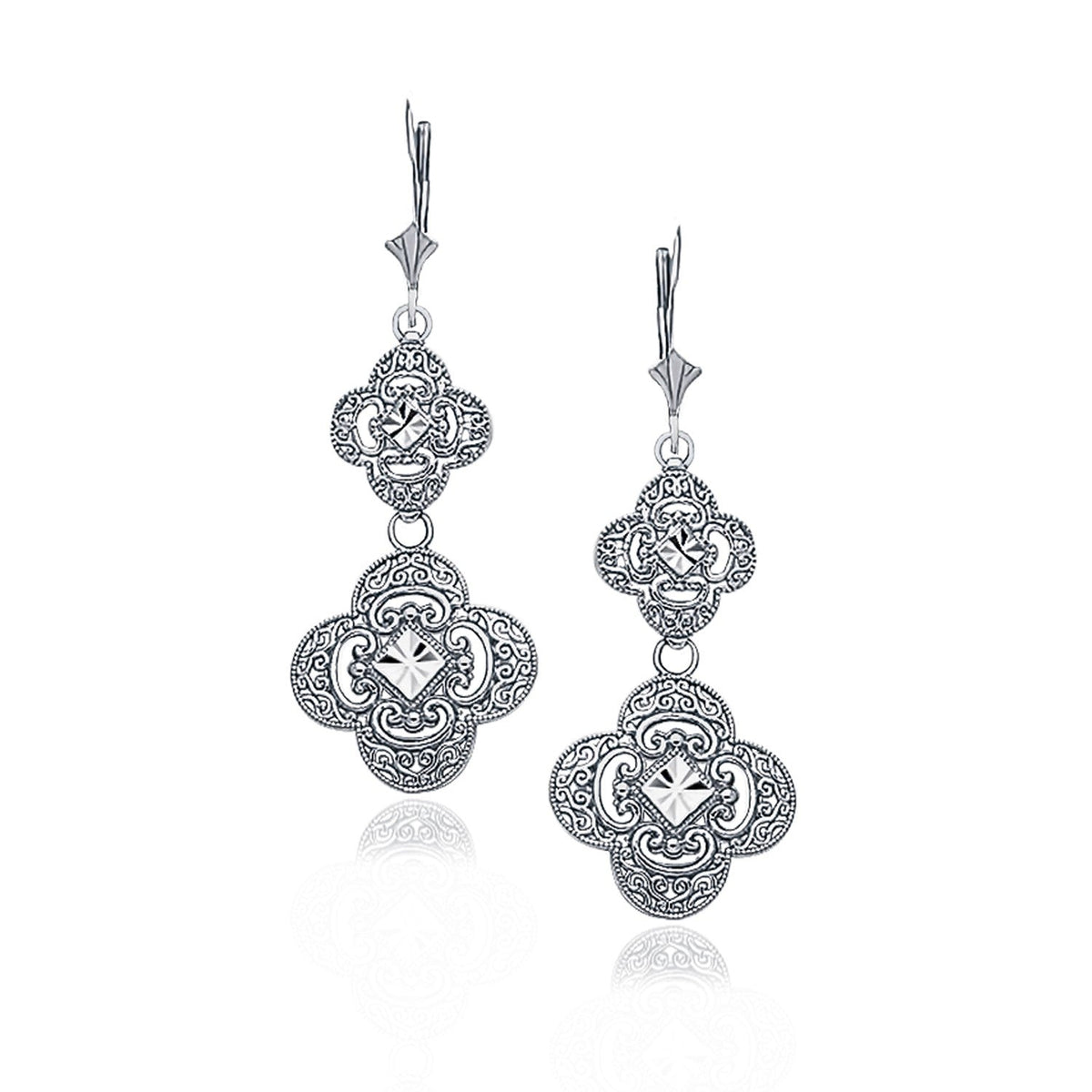 14K White Gold Vintage Look Double Quatrefoil Dangle Earrings - LinkagejewelrydesignLinkagejewelrydesign